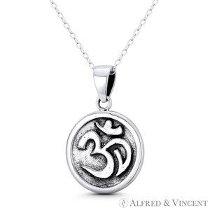 Om Aum Symbol Hindu / Buddhist Charm Pendant in Oxidized .925 Sterling Silver
